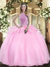 Pink Organza Lace Up Sweet 16 Dresses Sleeveless Floor Length Beading
