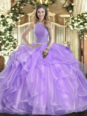 Affordable Lavender Sleeveless Beading and Ruffles Floor Length Quinceanera Gowns