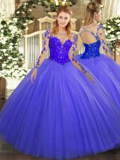 Hot Sale Blue Tulle Lace Up Scoop Long Sleeves Floor Length Vestidos de Quinceanera Lace