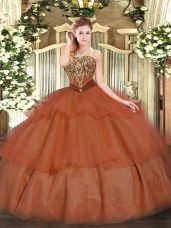 Rust Red Ball Gowns Tulle Strapless Sleeveless Beading and Ruffled Layers Floor Length Lace Up Sweet 16 Quinceanera Dress
