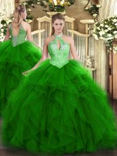 Green Ball Gowns Ruffles and Sequins Ball Gown Prom Dress Lace Up Organza Sleeveless Floor Length