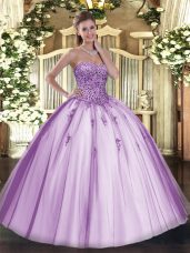 Lavender Sleeveless Tulle Lace Up 15 Quinceanera Dress for Military Ball and Sweet 16 and Quinceanera