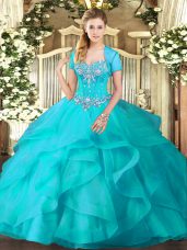 Fantastic Aqua Blue Ball Gowns Beading and Ruffles Sweet 16 Dress Lace Up Tulle Sleeveless Floor Length