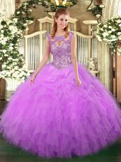 Best Selling Lilac Sleeveless Tulle Lace Up Quinceanera Gowns for Military Ball and Sweet 16 and Quinceanera