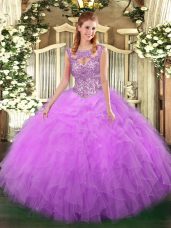 Best Selling Lilac Sleeveless Tulle Lace Up Quinceanera Gowns for Military Ball and Sweet 16 and Quinceanera
