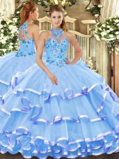 Baby Blue Ball Gowns Beading and Embroidery Quinceanera Dress Lace Up Organza Sleeveless Floor Length