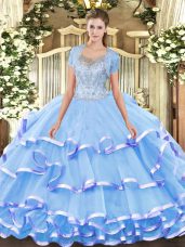 Dazzling Aqua Blue Sleeveless Tulle Clasp Handle Sweet 16 Dresses for Military Ball and Sweet 16 and Quinceanera