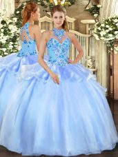Baby Blue Ball Gowns Halter Top Sleeveless Organza Floor Length Lace Up Embroidery Sweet 16 Dress