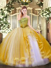 Gold Ball Gowns Strapless Sleeveless Tulle Floor Length Lace Up Beading and Ruffles Sweet 16 Quinceanera Dress
