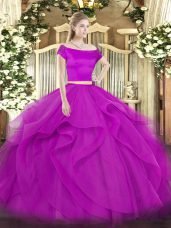 Fitting Fuchsia Zipper Quinceanera Dress Appliques and Ruffles Short Sleeves Floor Length