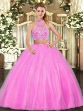 Traditional Hot Pink Sleeveless Floor Length Beading Criss Cross Quinceanera Gown