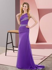Pretty Purple Sleeveless Sweep Train Beading Floor Length Prom Gown