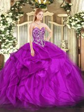 Fuchsia Organza Lace Up Sweetheart Sleeveless Floor Length Quinceanera Dresses Beading and Ruffles