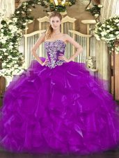 Purple Sleeveless Floor Length Beading and Ruffles Lace Up Ball Gown Prom Dress
