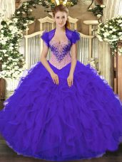 Purple Quinceanera Dress Military Ball and Sweet 16 and Quinceanera with Beading and Ruffles Sweetheart Sleeveless Lace Up