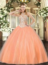 Fashion Peach Lace Up Sweetheart Beading Quince Ball Gowns Tulle Sleeveless