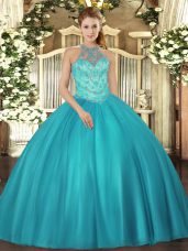 Sleeveless Satin Floor Length Lace Up Vestidos de Quinceanera in Teal with Beading