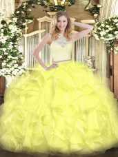 Spectacular Sleeveless Floor Length Lace and Ruffles Zipper Sweet 16 Quinceanera Dress with Yellow