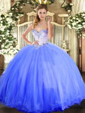 Flirting Blue Ball Gowns Sweetheart Sleeveless Tulle Floor Length Lace Up Beading 15th Birthday Dress