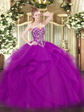 Fuchsia Ball Gowns Tulle Sweetheart Sleeveless Beading and Ruffles Floor Length Lace Up Quince Ball Gowns