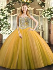 Extravagant Gold Tulle Lace Up Sweetheart Sleeveless Floor Length Vestidos de Quinceanera Beading