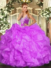 Floor Length Lilac Sweet 16 Quinceanera Dress Organza Sleeveless Beading and Ruffles