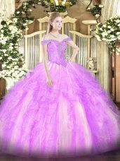 Floor Length Lilac Quinceanera Dress Tulle Sleeveless Beading and Ruffles