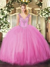 Artistic Floor Length Rose Pink Sweet 16 Quinceanera Dress Tulle Sleeveless Beading