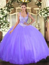 Floor Length Lavender Vestidos de Quinceanera Scoop Sleeveless Lace Up