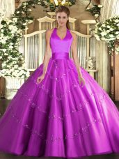 Hot Sale Floor Length Lace Up Vestidos de Quinceanera Fuchsia for Military Ball and Sweet 16 and Quinceanera with Appliques