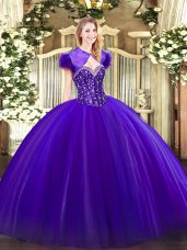 Noble Purple Sleeveless Tulle Lace Up Sweet 16 Quinceanera Dress for Military Ball and Sweet 16 and Quinceanera