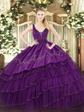 Fine Straps Sleeveless Organza and Taffeta 15 Quinceanera Dress Embroidery and Ruffled Layers Zipper