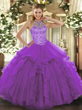 Sleeveless Organza Floor Length Lace Up 15 Quinceanera Dress in Purple with Beading and Embroidery