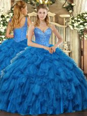 Fabulous Blue Sleeveless Floor Length Beading and Ruffles Lace Up Sweet 16 Dresses