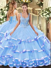 Classical Blue Organza Lace Up Straps Sleeveless Floor Length Sweet 16 Dress Beading and Ruffled Layers