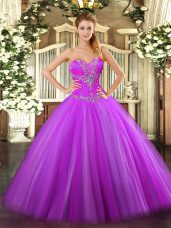 Fine Fuchsia Sleeveless Floor Length Beading Zipper Vestidos de Quinceanera