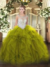 Top Selling Scoop Sleeveless Zipper Quinceanera Dress Olive Green Tulle