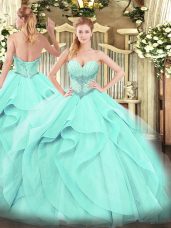 Luxurious Beading and Ruffles Quinceanera Dresses Aqua Blue Lace Up Sleeveless Floor Length