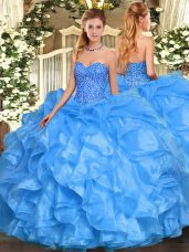 Fitting Baby Blue Quince Ball Gowns Military Ball and Sweet 16 and Quinceanera with Beading and Ruffles Sweetheart Sleeveless Lace Up