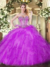 High Quality Fuchsia Ball Gowns Sweetheart Sleeveless Tulle Floor Length Lace Up Beading and Ruffles 15th Birthday Dress