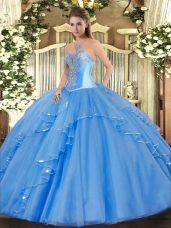 Ball Gowns 15 Quinceanera Dress Baby Blue Sweetheart Tulle Sleeveless Floor Length Lace Up