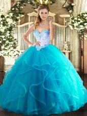 Floor Length Aqua Blue Quinceanera Gowns Sweetheart Sleeveless Lace Up