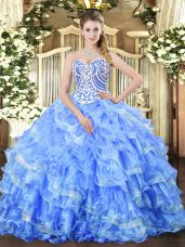 Fashion Sleeveless Floor Length Beading and Ruffled Layers Lace Up Sweet 16 Quinceanera Dress with Blue