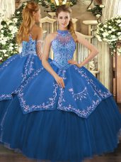 Teal Lace Up Halter Top Beading and Embroidery 15th Birthday Dress Tulle Sleeveless