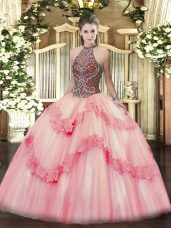 Halter Top Sleeveless Tulle 15th Birthday Dress Beading and Appliques Lace Up