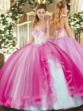 Fuchsia Lace Up Quinceanera Dress Beading and Ruffles Sleeveless Floor Length
