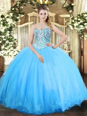 Modern Aqua Blue Tulle Lace Up Sweetheart Sleeveless Floor Length Ball Gown Prom Dress Beading