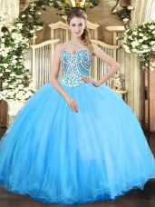 Modern Aqua Blue Tulle Lace Up Sweetheart Sleeveless Floor Length Ball Gown Prom Dress Beading