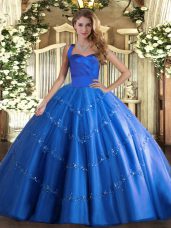 Deluxe Blue Quinceanera Dresses Military Ball and Sweet 16 and Quinceanera with Appliques Halter Top Sleeveless Lace Up