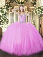 Lilac Tulle Lace Up Sweetheart Sleeveless Floor Length Ball Gown Prom Dress Beading